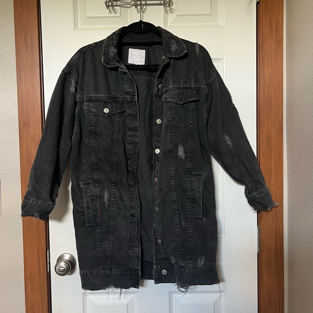 Zara long distressed black denim jacket